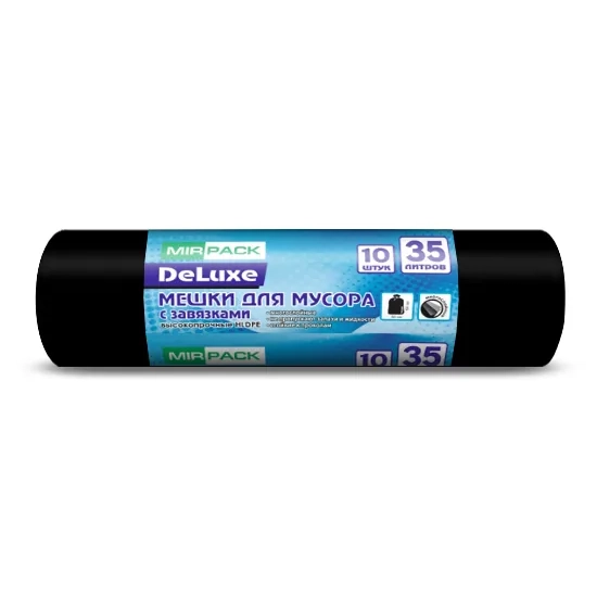 Пакеты для мусора MIRPACK с завязками DELUXE черные 35 л 35 мкм 10 шт