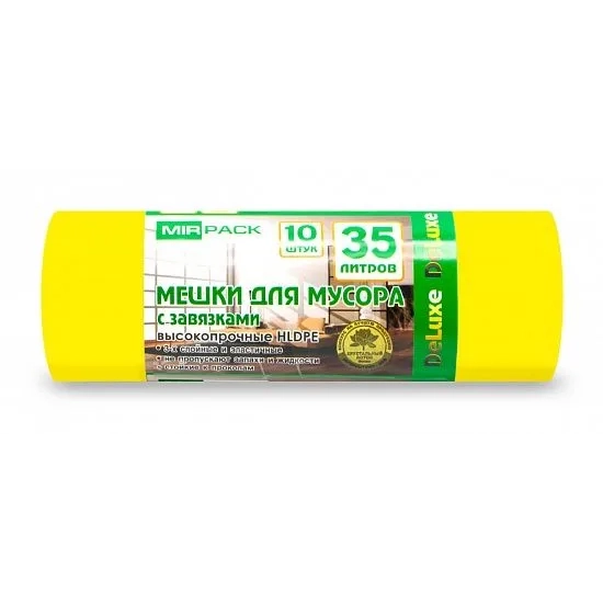 Пакеты для мусора MIRPACK с завязками DELUXE желтые 35 л 35 мкм 10 шт